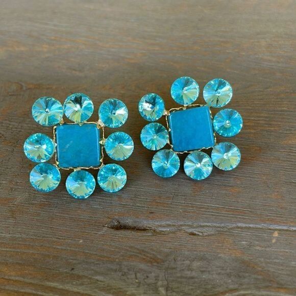 Anthropologie Floral Tapestry Blue Rhinestone Post Earrings NWT - Picture 1 of 8
